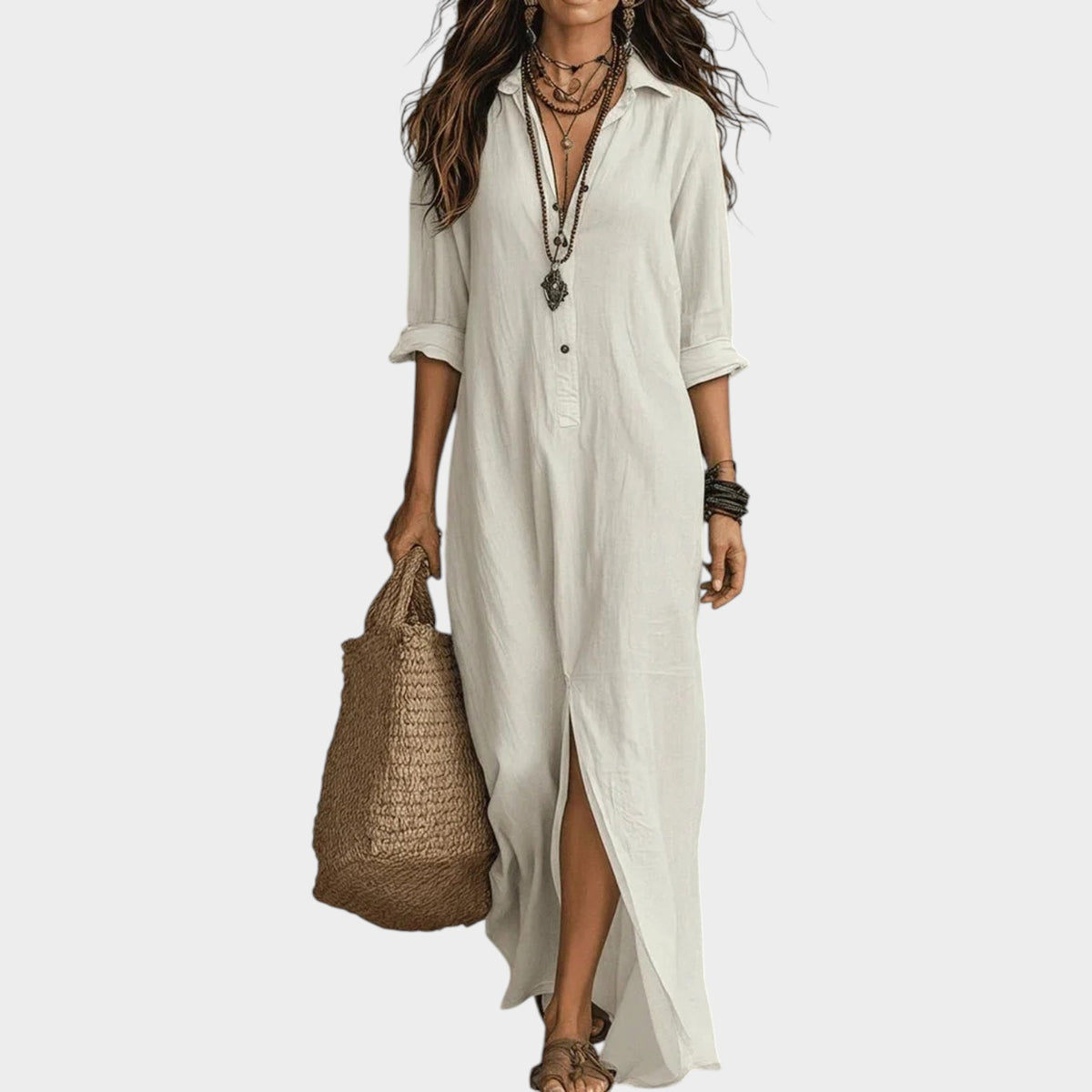 Women’s Button-Down Maxi Shirt Dress with Collared Neckline and Long Sleeves