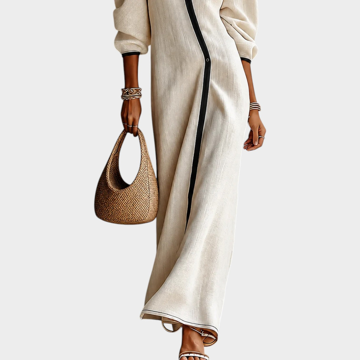 Women’s Linen Blend Maxi Dress with Deep V-Neck, Lantern Sleeves and Contrast Trim