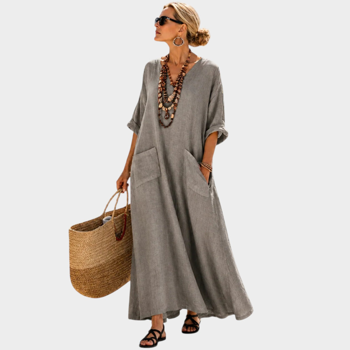 Women’s Embroidered Maxi Dress with V-Neck and Wide Sleeves