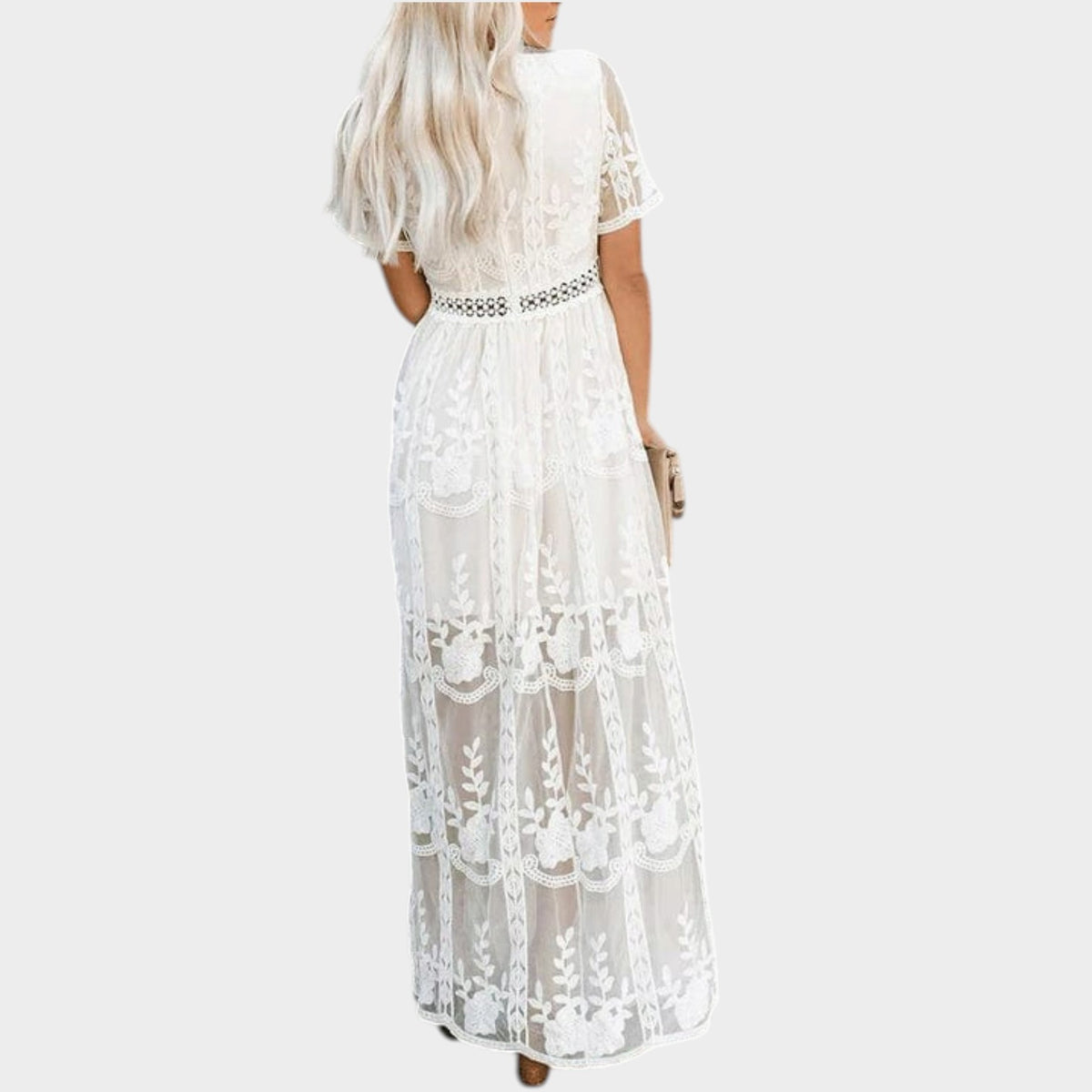 Women’s Lace Maxi Dress with V-Neckline, Short Sleeves and A-Line Skirt