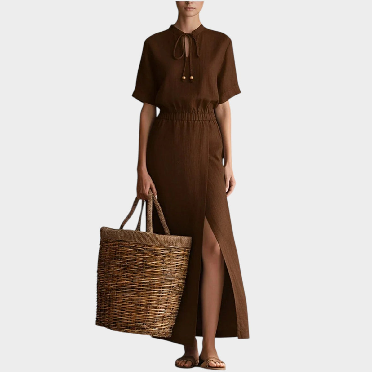 Women’s Linen-Blend Maxi Dress with Tie-Neck Keyhole, Short Sleeves and Side Slit