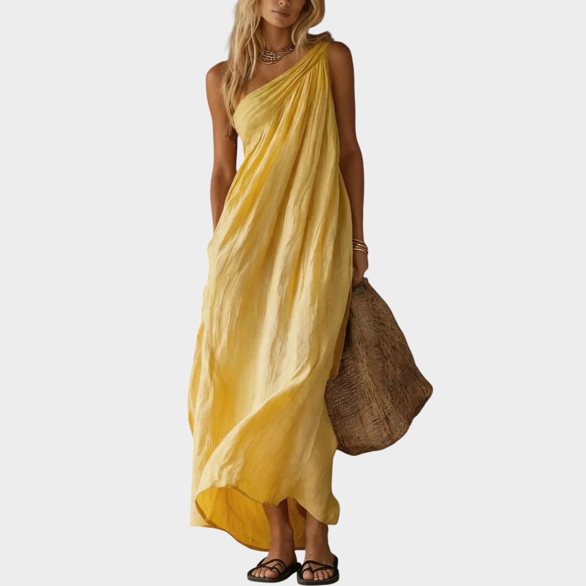 Women’s One-Shoulder Maxi Dress with Draped Design and Asymmetric Hem