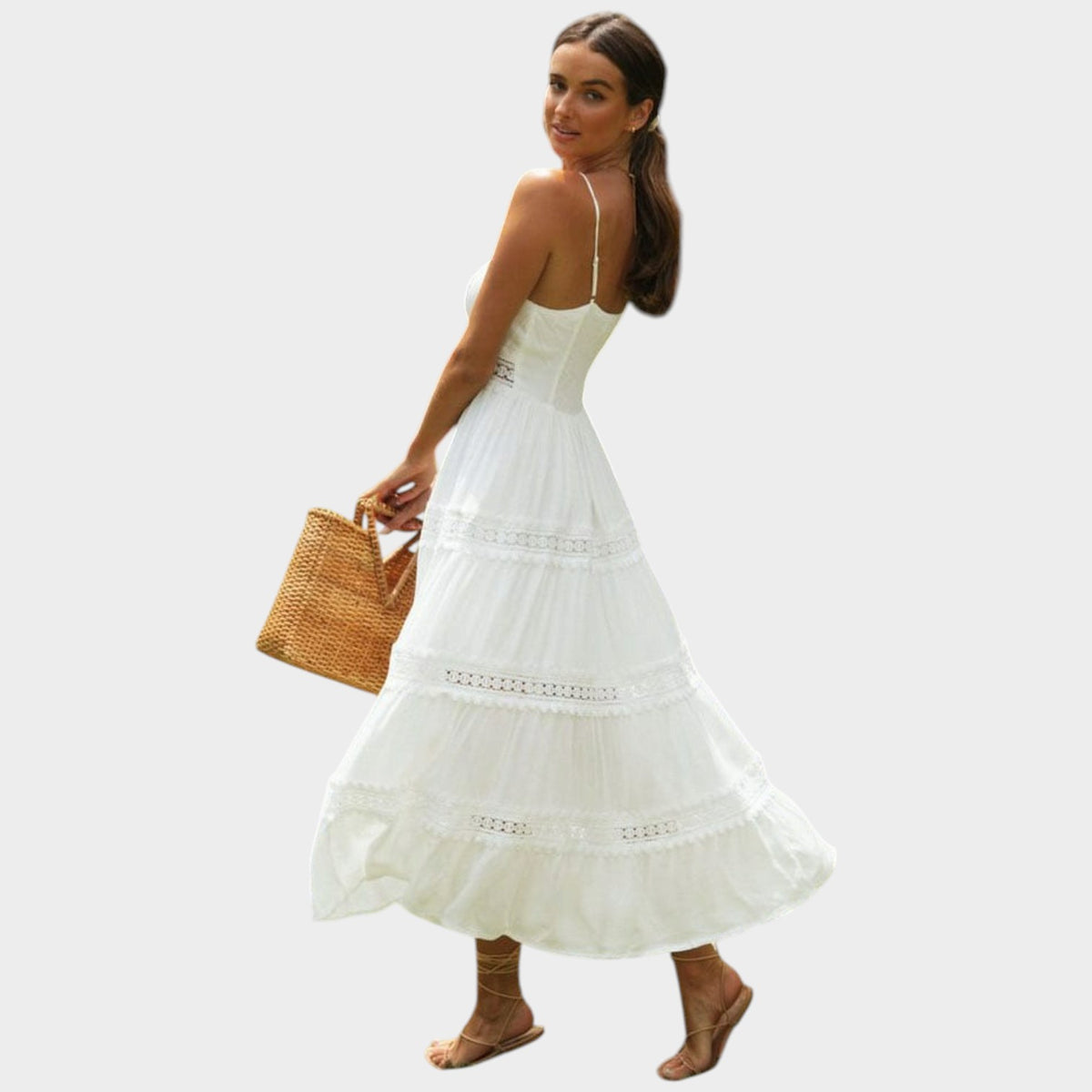 Women’s Boho Maxi Dress with Spaghetti Straps and Lace Trim