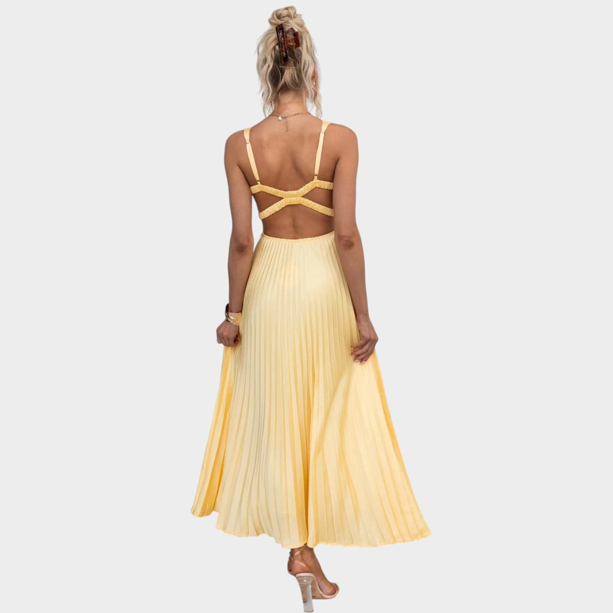 Women’s Pleated Maxi Dress with V-Neck and Cross-Back Straps