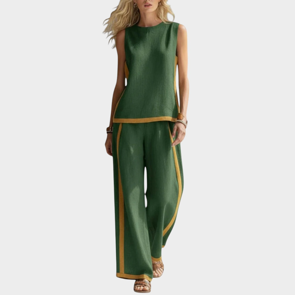 Women’s Two-Piece Set Sleeveless Top Wide-Leg Trousers Contrast Trim