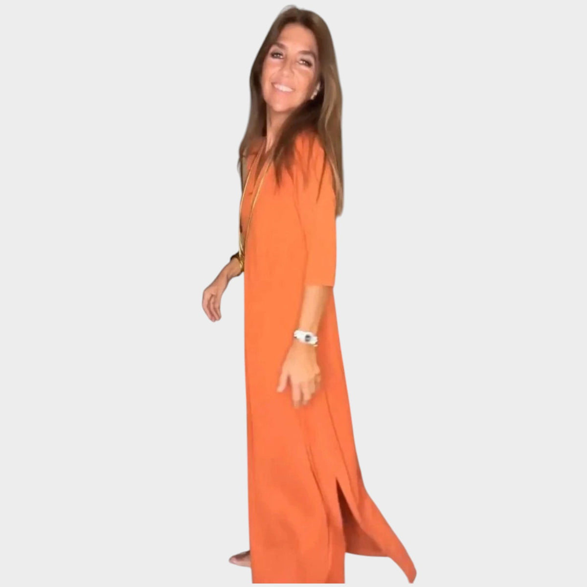 Women’s V-Neck Maxi Dress with Three-Quarter Sleeves and Relaxed Fit