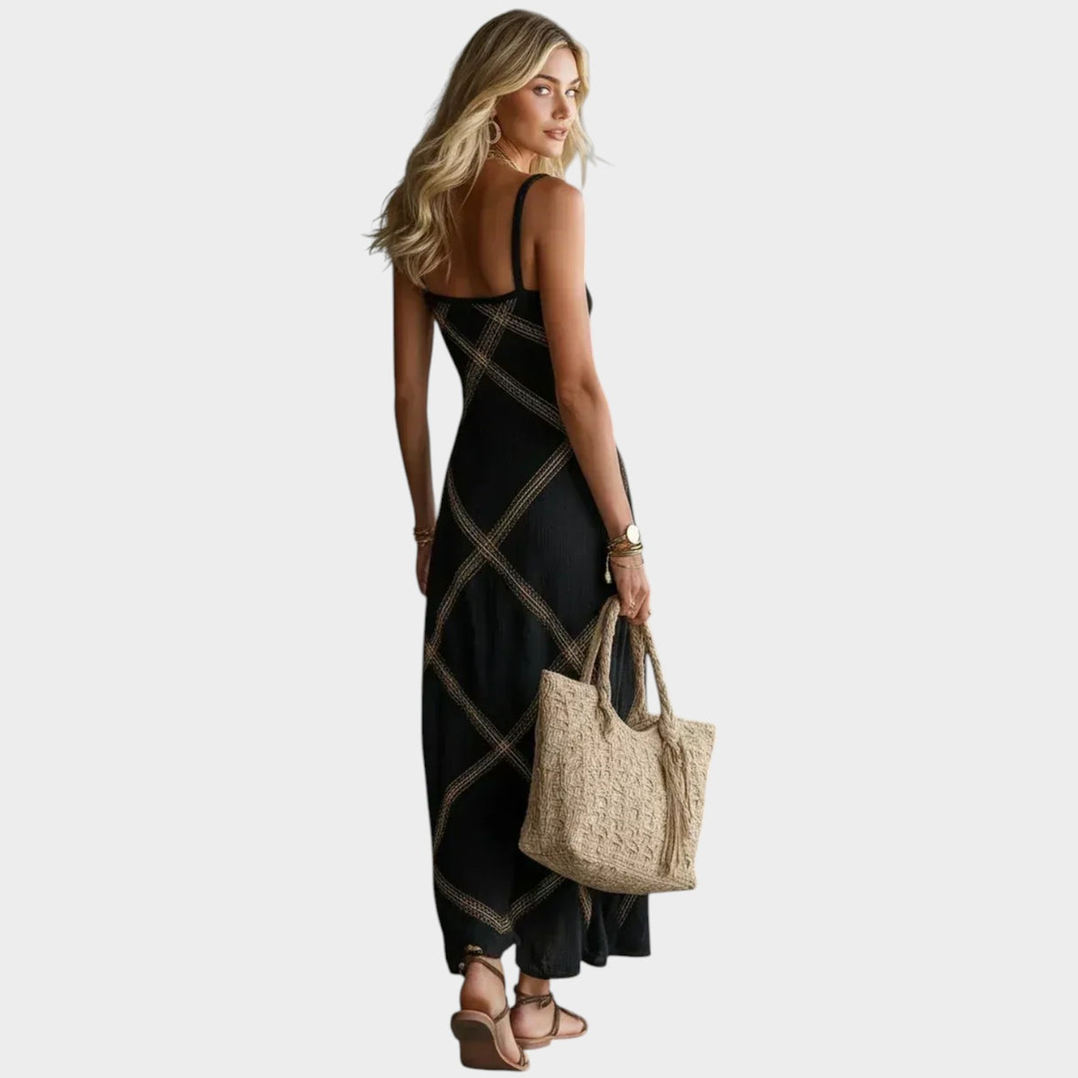 Women’s Geometric Print Maxi Dress with Square Neckline