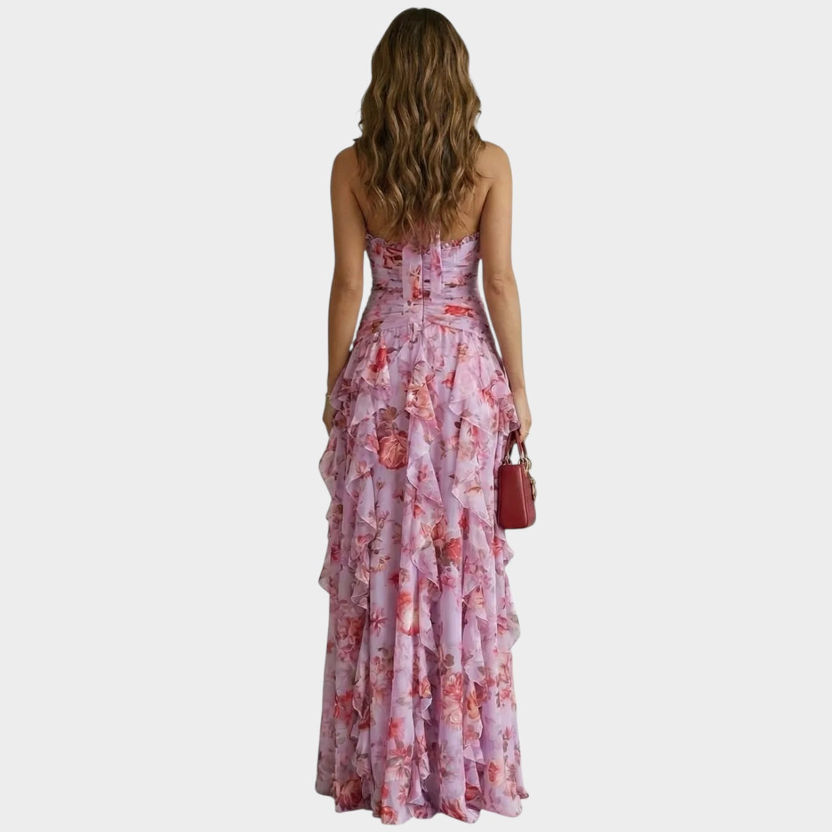 Women’s Floral Halter Neck Maxi Dress with Ruched Waist and Layered Ruffle Skirt