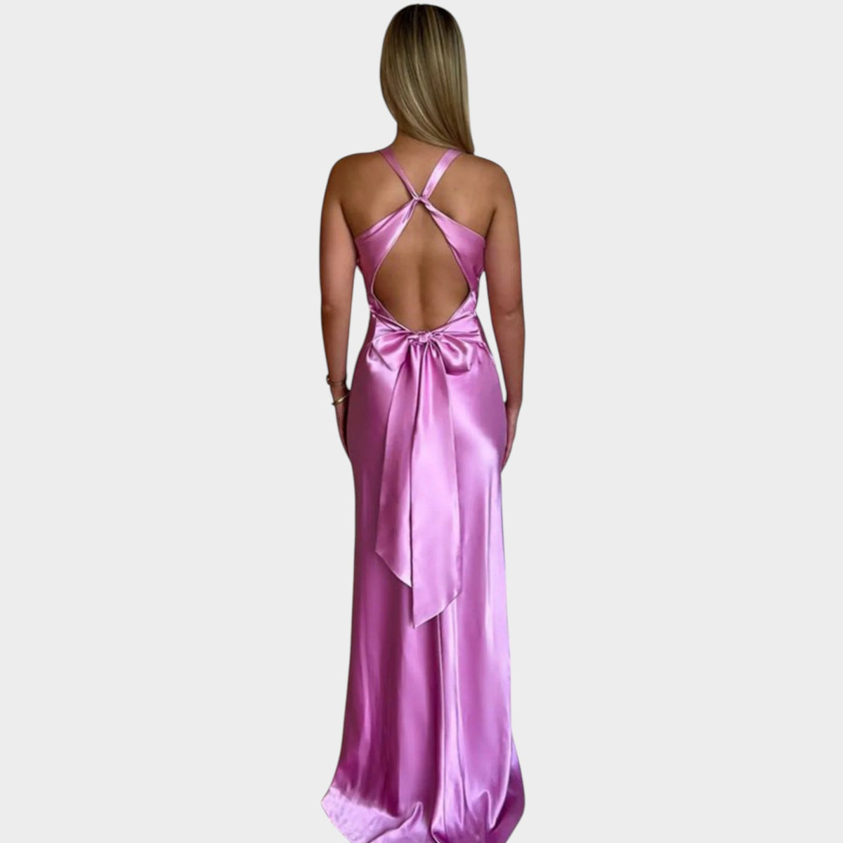 Women’s Satin Maxi Dress with Twisted Front and Open Back