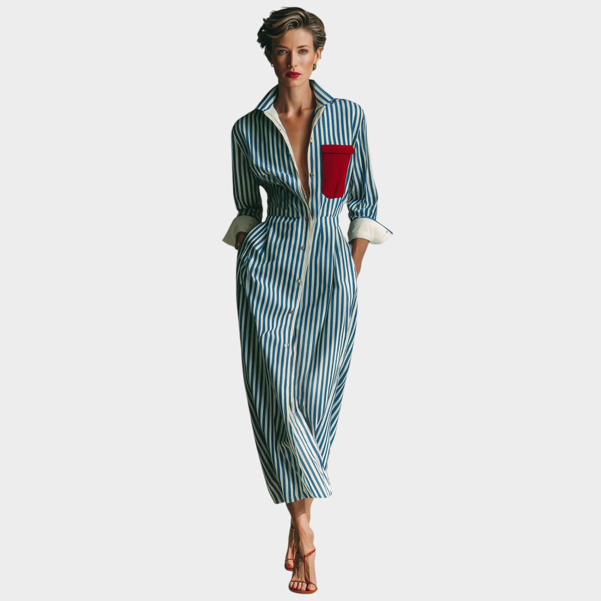 Women’s Striped Shirt Maxi Dress with Button Front and Contrast Chest Pocket