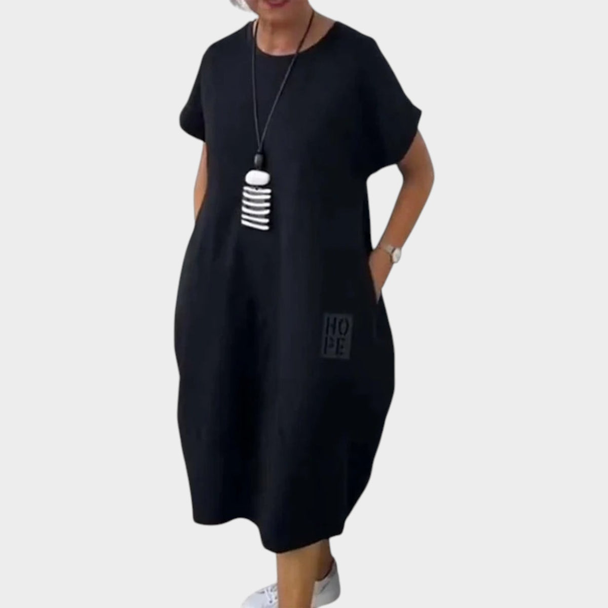 Women’s Loose Midi Dress Round Neck Short Sleeves Side Pockets Letter Print