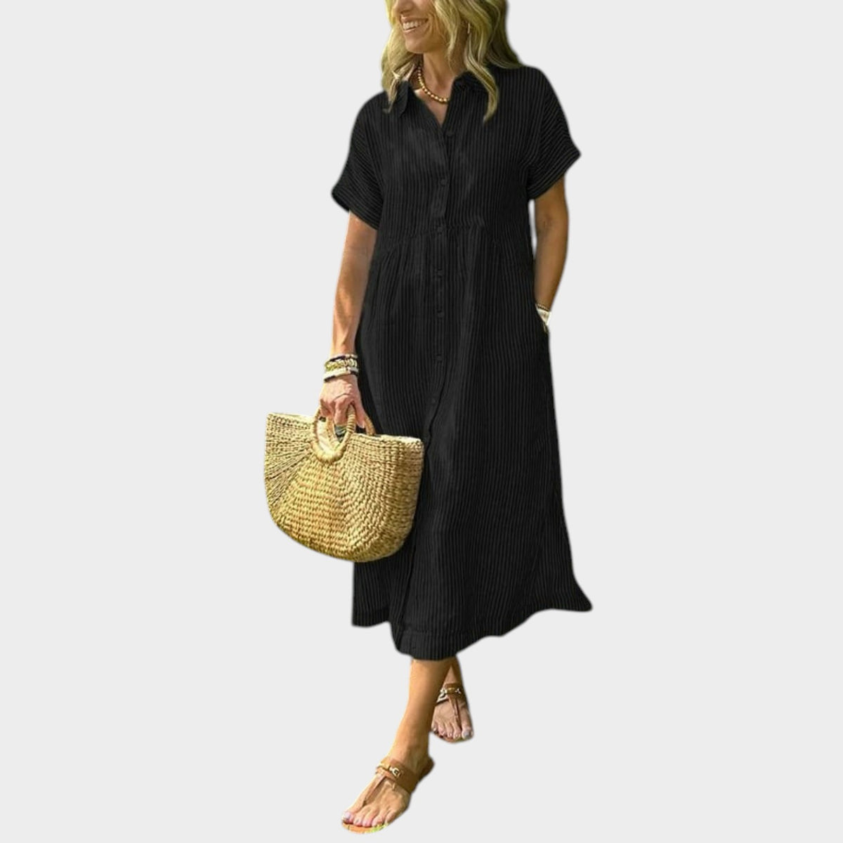 Women’s Striped Maxi Shirt Dress Lapel Collar Button Front
