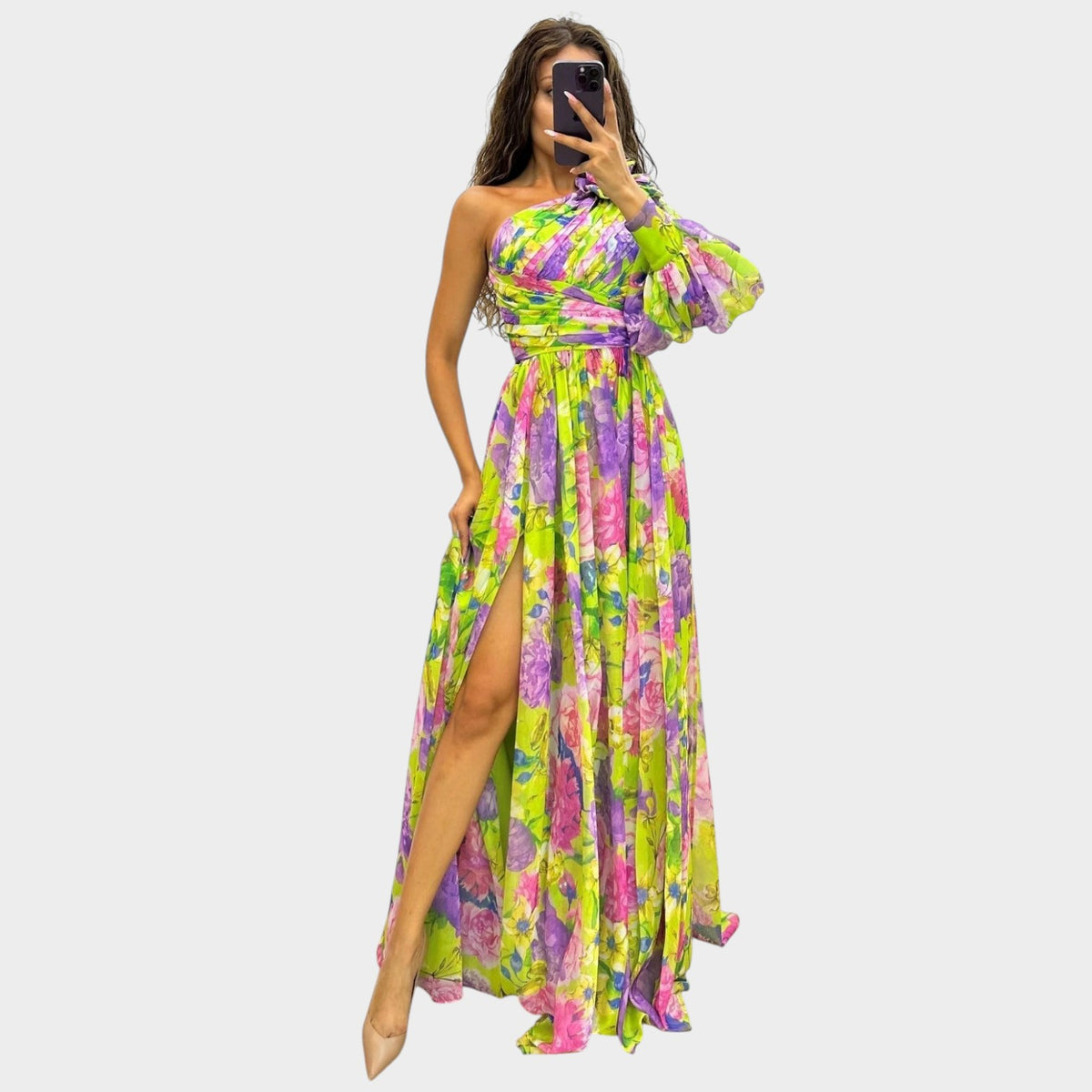 Women’s One-Shoulder Maxi Dress with Draped Waist and High Side Slit