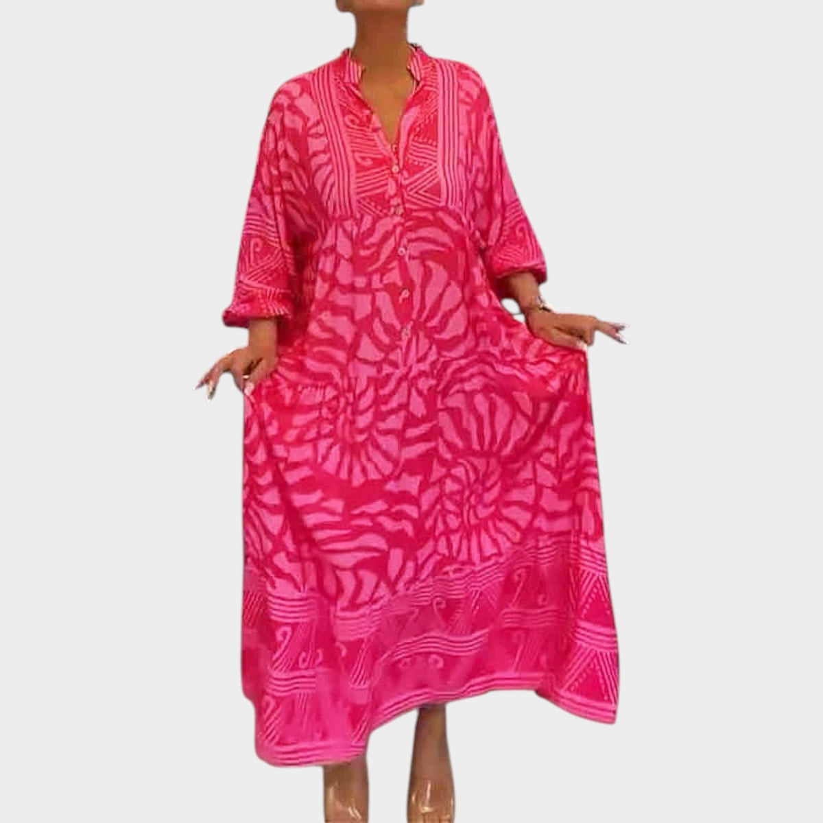 Women’s Floral Print Midi Dress with V-Neck and Long Sleeves