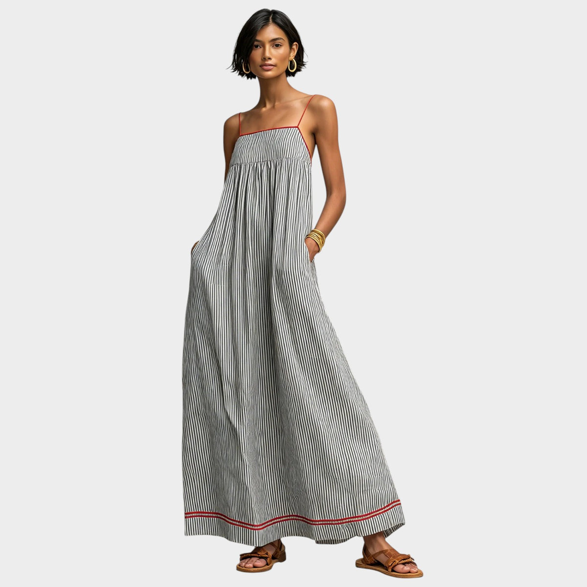 Women’s Striped Maxi Dress with Spaghetti Straps and Red Trim