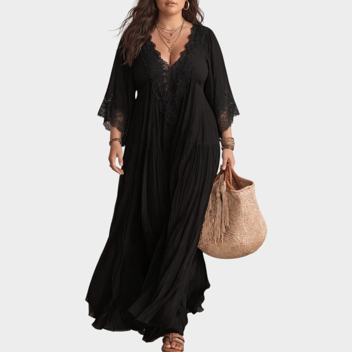 Women’s Lace Trim Maxi Dress with Deep V-Neck and Batwing Sleeves