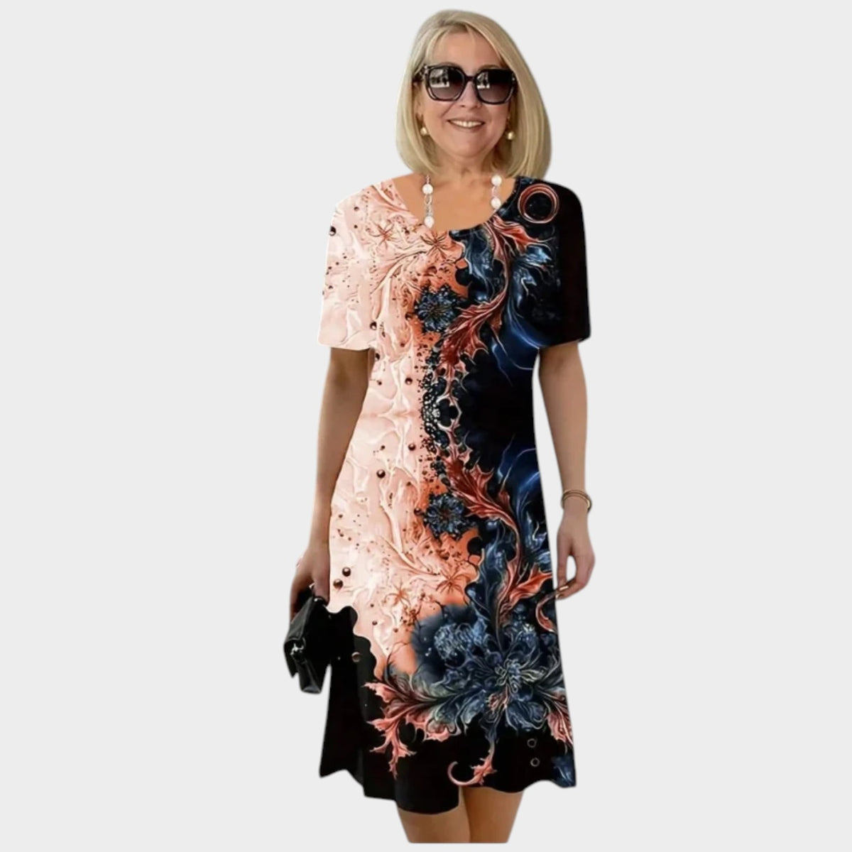 Women’s Floral Midi Dress with Round Neck and Short Sleeves