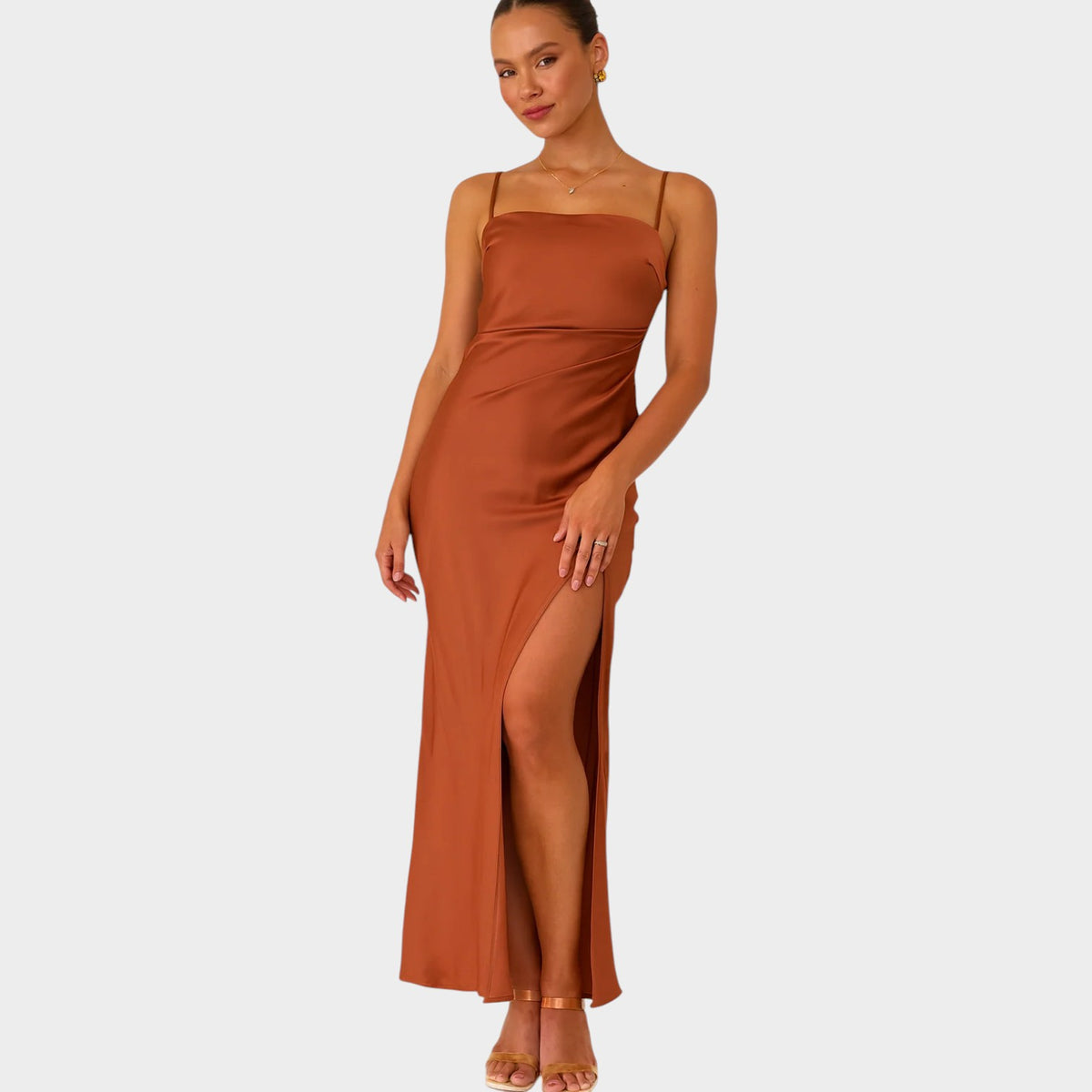 Women’s Satin Maxi Dress with Adjustable Straps and Side Slit
