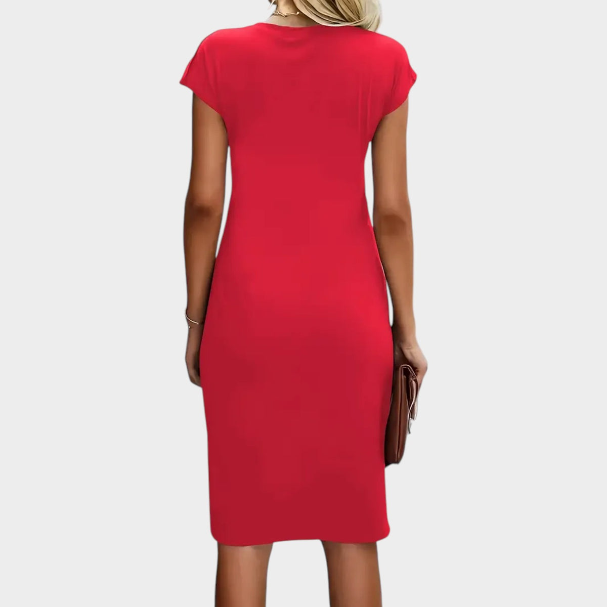 Women’s Midi Dress with Round Neck and Ruched Waist Detail