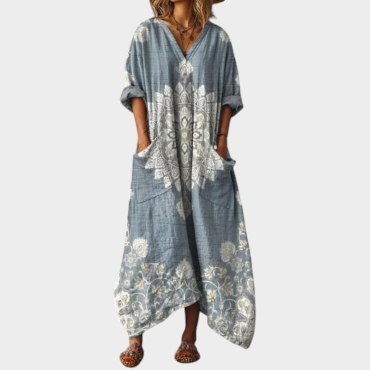 Women’s Boho Midi Dress with Long Sleeves, Vintage Print and Side Pockets