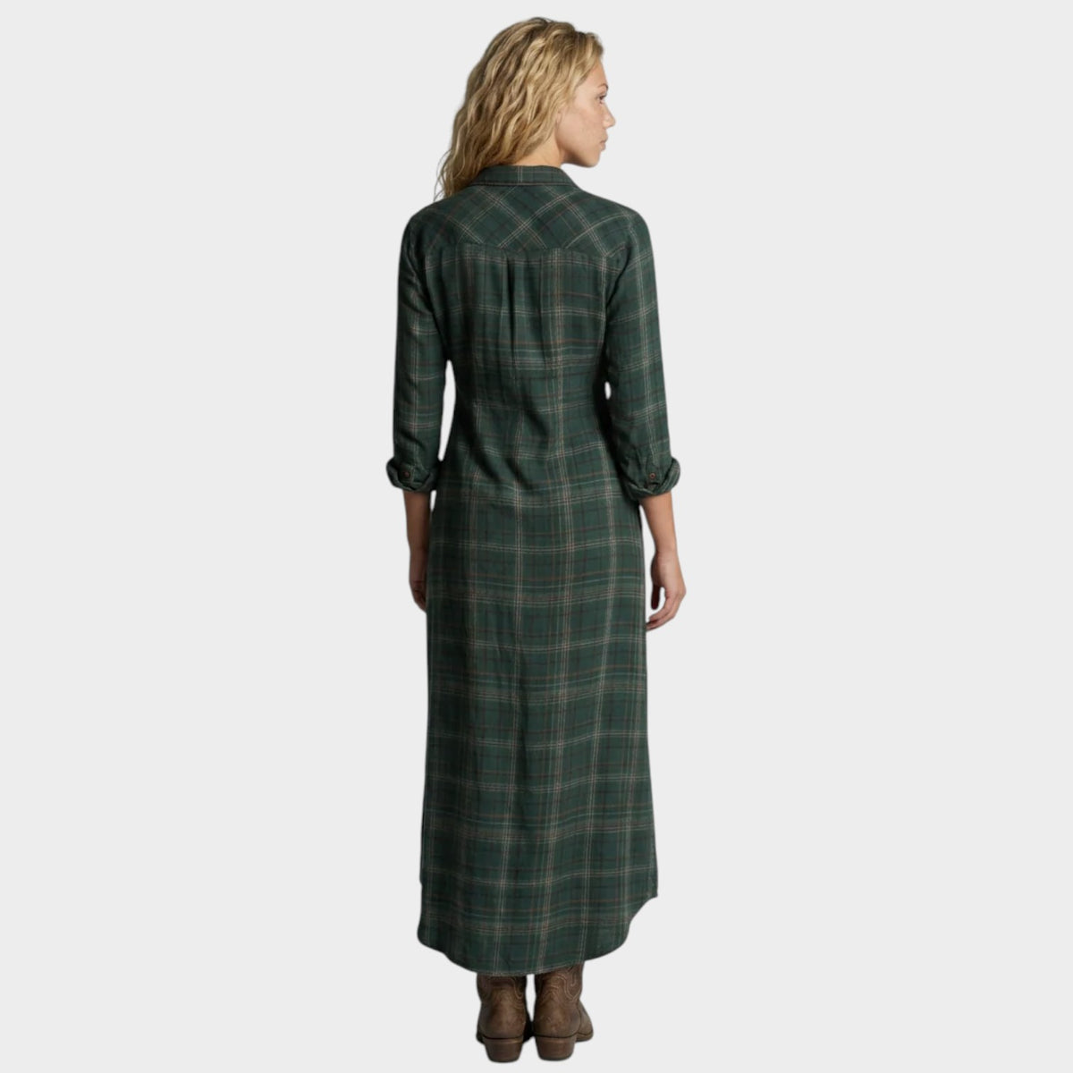 Women’s Plaid Shirt Maxi Dress with Button Front and Long Sleeves