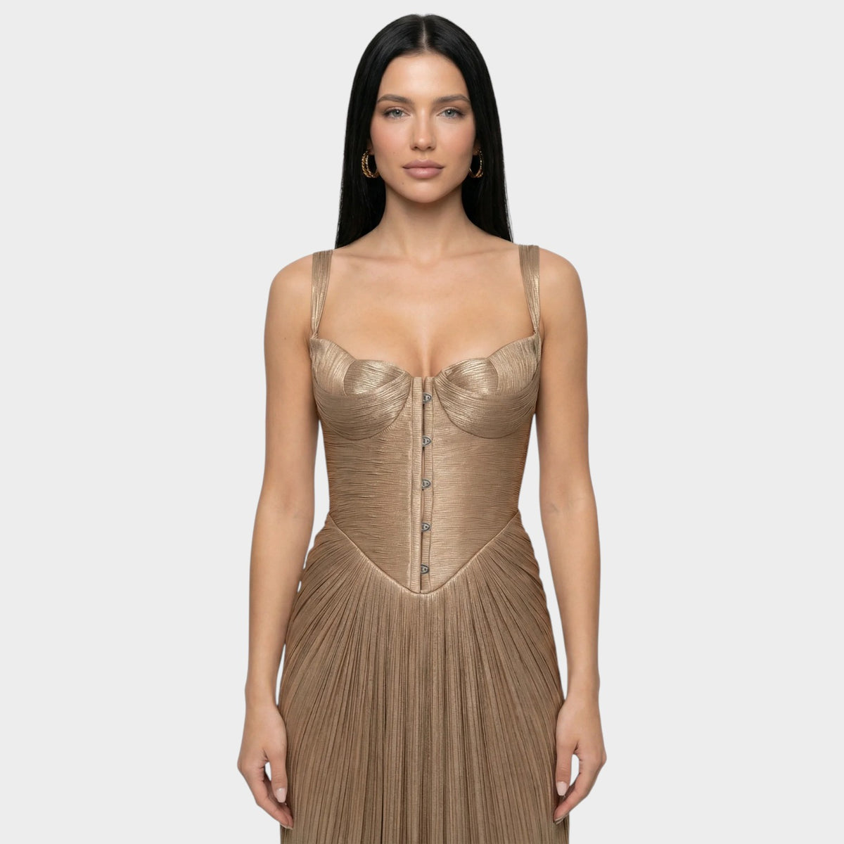 Women’s Pleated Corset Maxi Dress with Sweetheart Neckline and Slim Straps