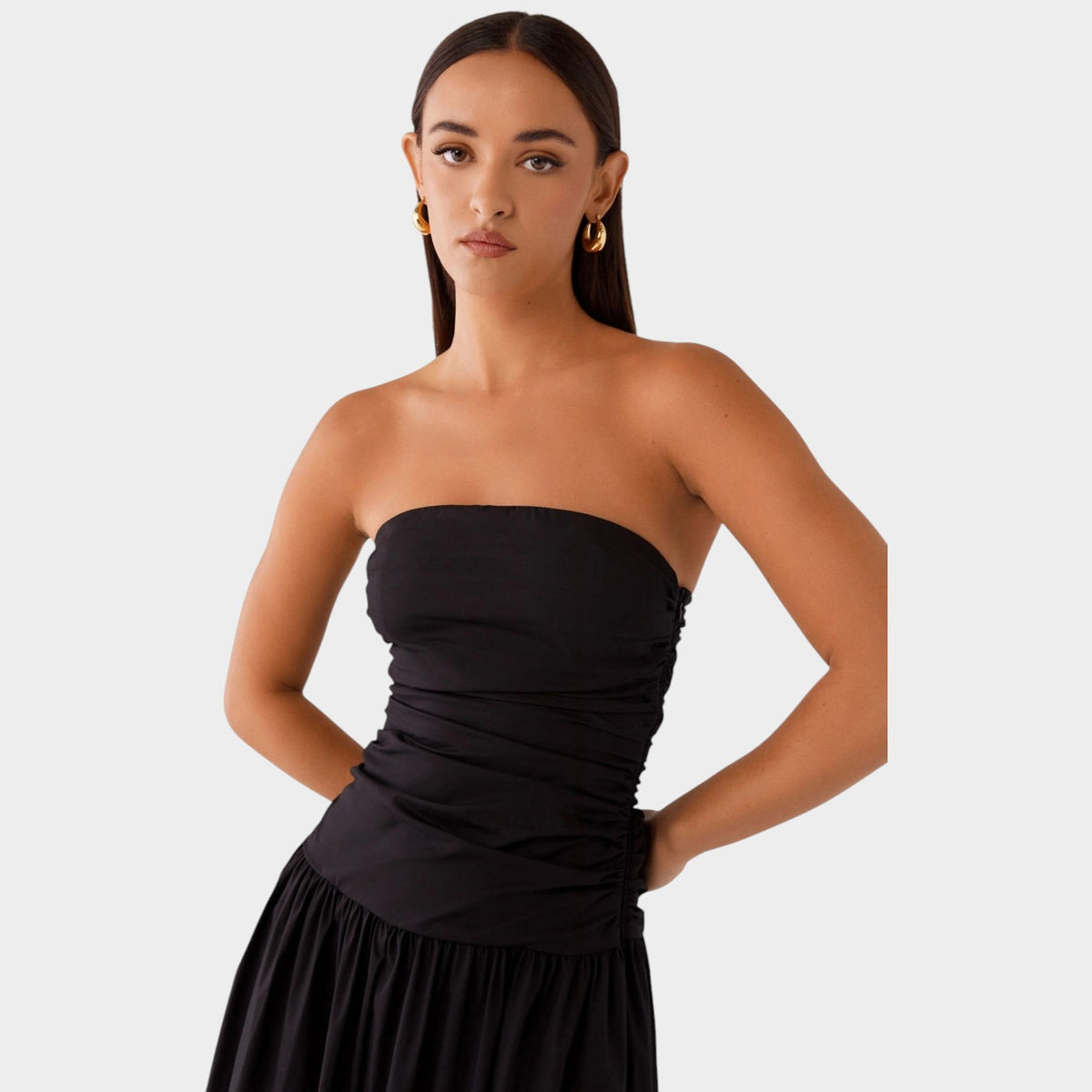 Women’s Strapless Maxi Dress with Ruched Bodice Flowing Skirt