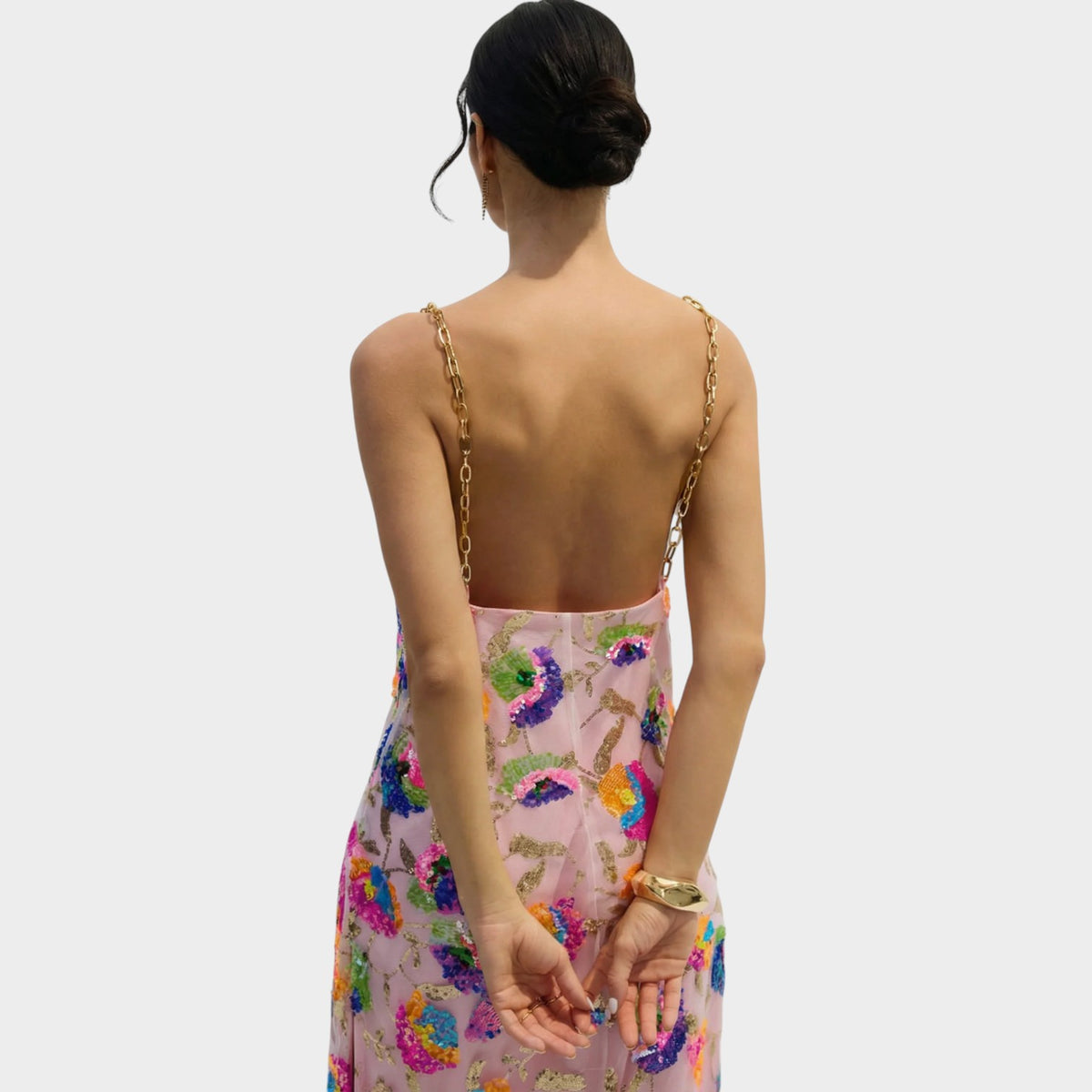 Women’s Floral Sequin Maxi Dress with Gold Chain Straps Open Back