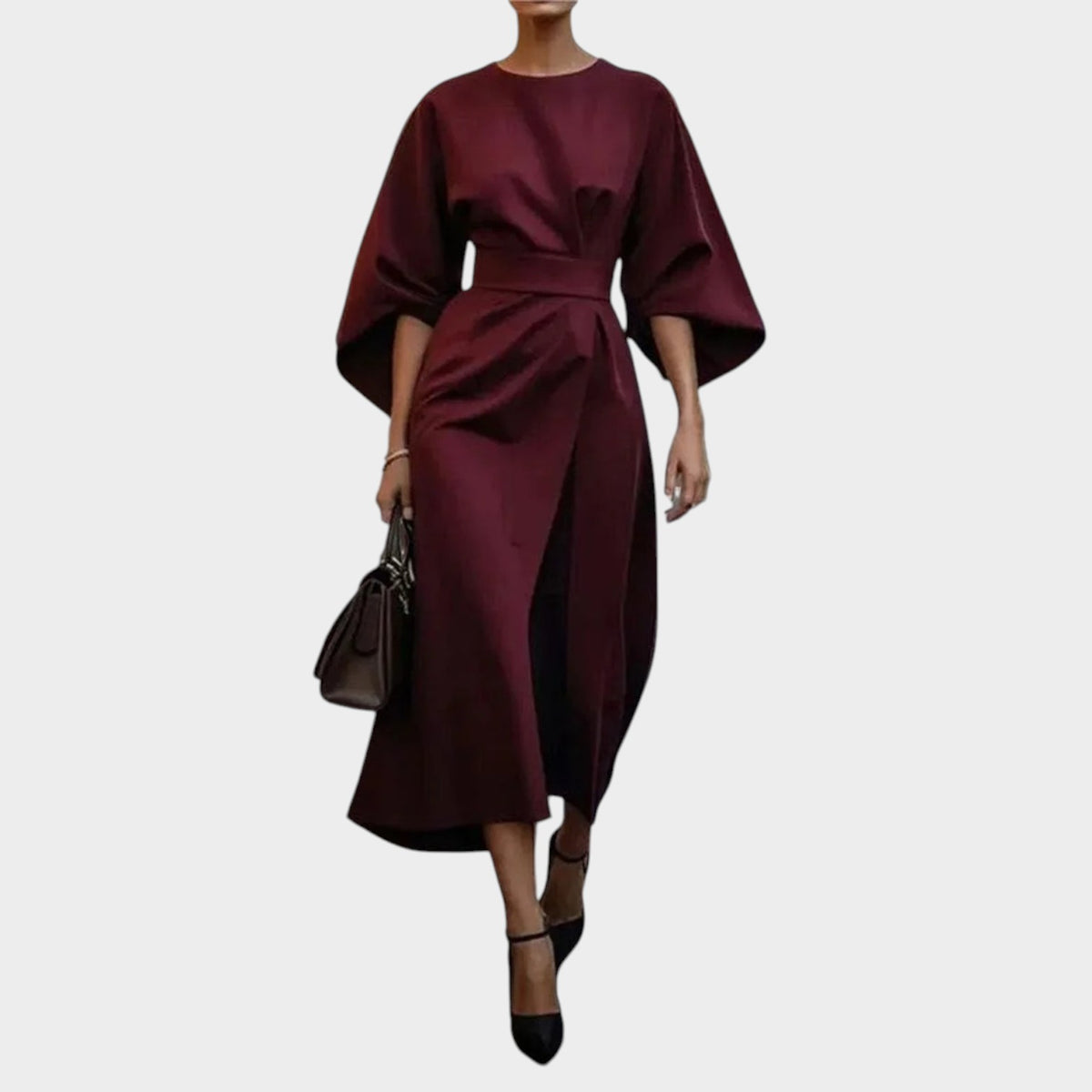Women’s Satin Maxi Dress with Kimono Sleeves and Defined Waist
