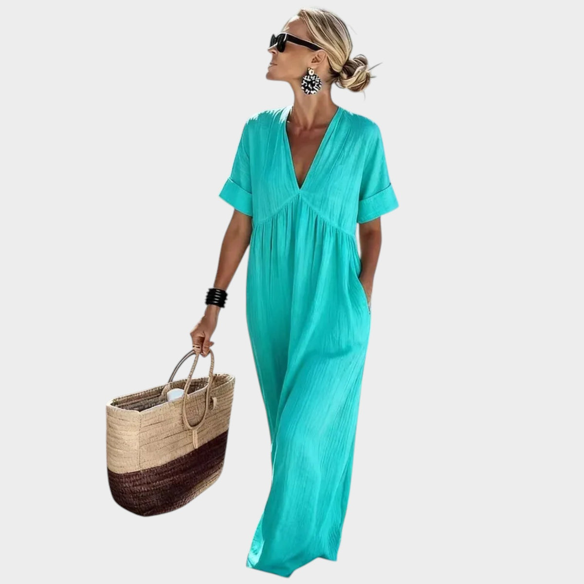 Women’s V-Neck Maxi Dress with Short Sleeves and Gathered Waist