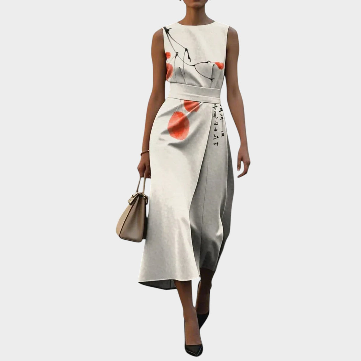 Women’s Sleeveless Midi Dress with Floral Pattern and Waist Detail