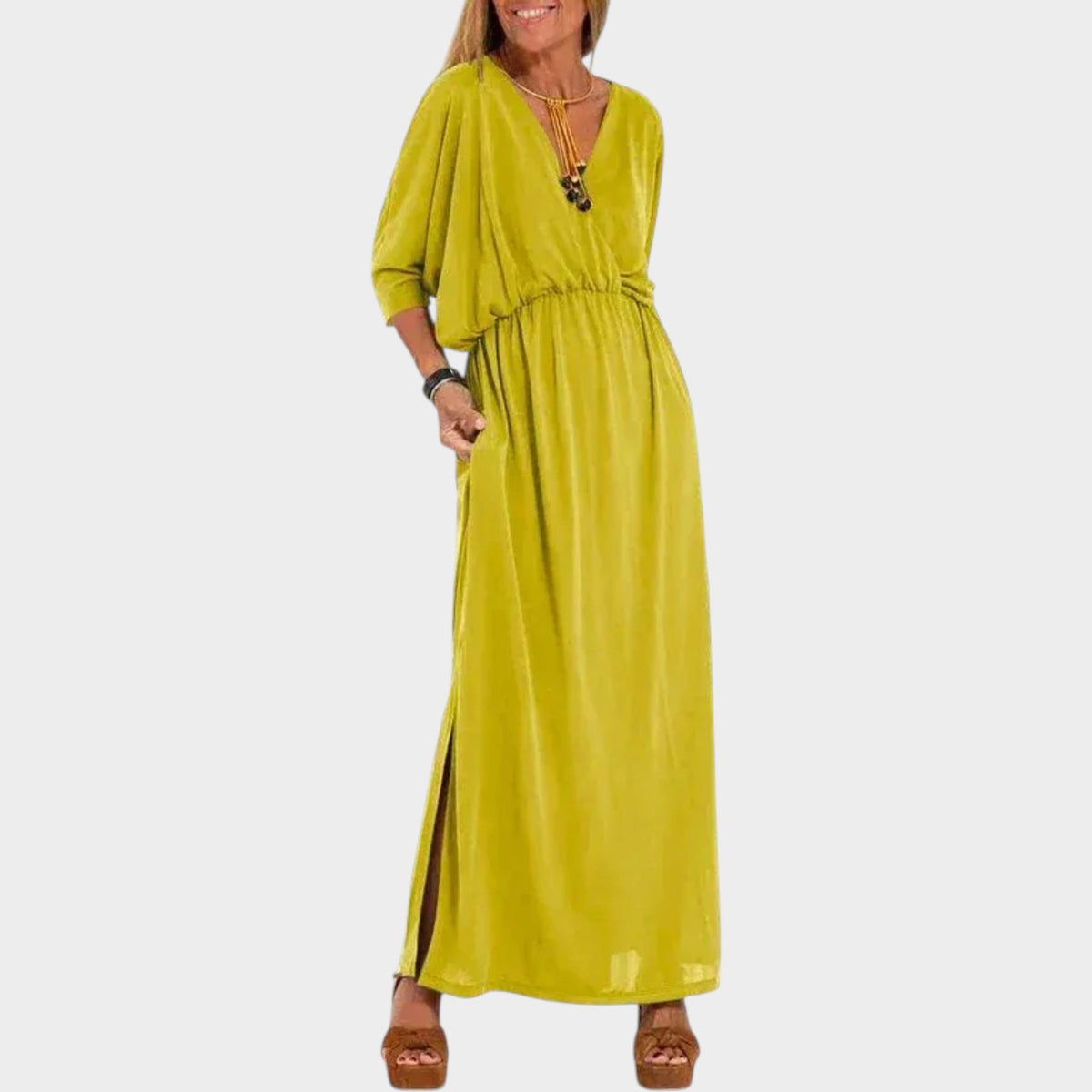 Women’s Vintage Maxi Dress with V-Neckline, Three-Quarter Sleeves and Side Slit