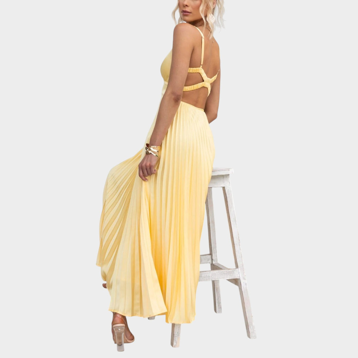 Women’s Pleated Maxi Dress with V-Neck and Cross-Back Straps