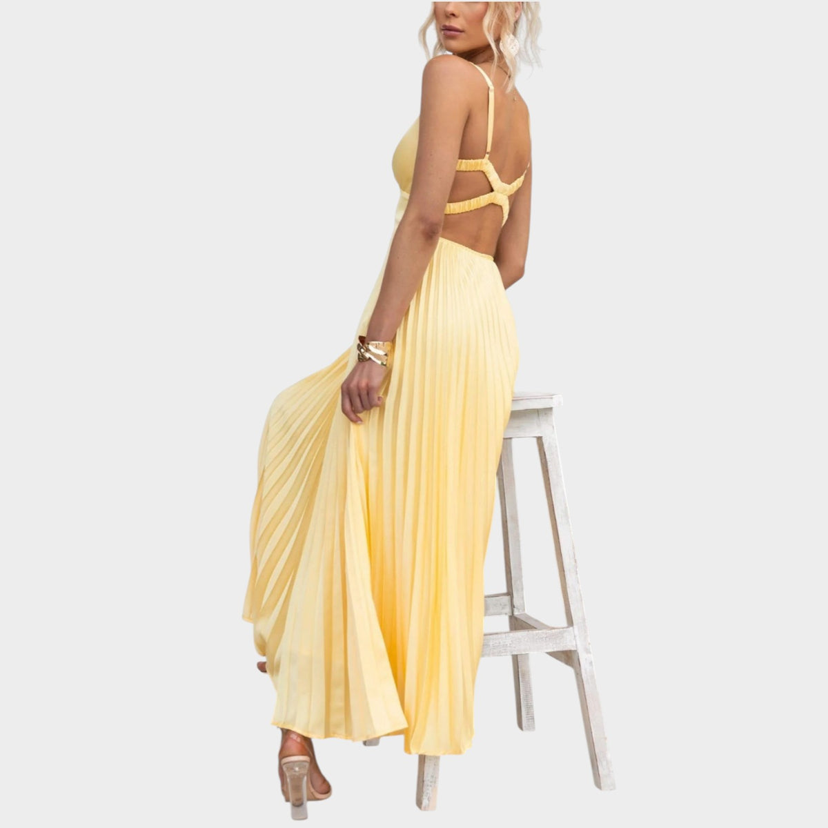 Women’s Yellow Pleated Maxi Dress V-Neck Sleeveless