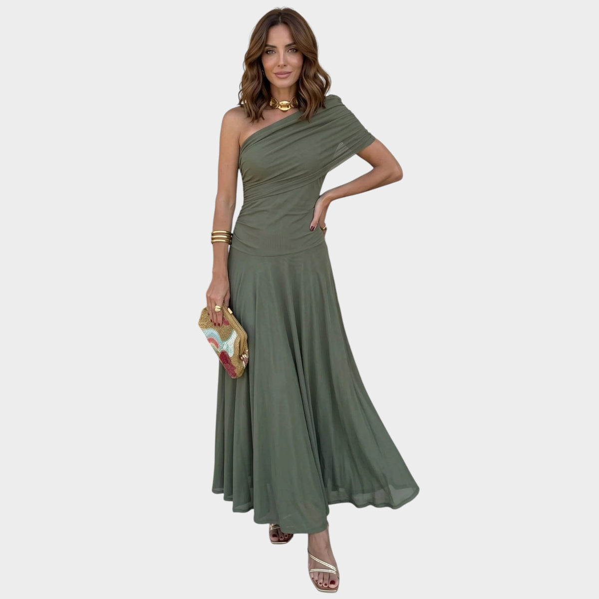 Women’s Off-Shoulder Maxi Dress with Draped Neckline and Flowing Skirt