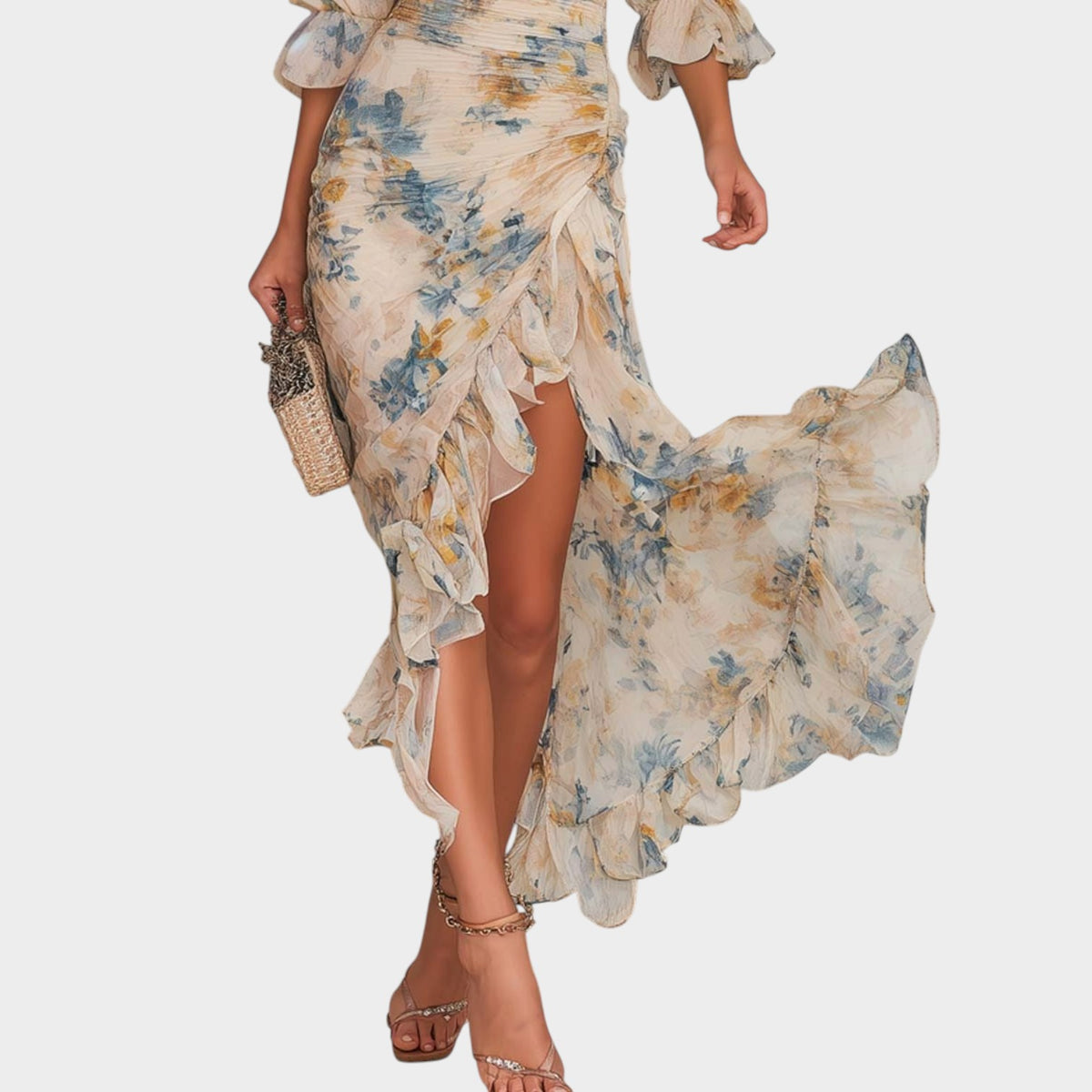 Women’s Floral Chiffon Maxi Dress with High Neck, Puff Sleeves and Ruffle Hem