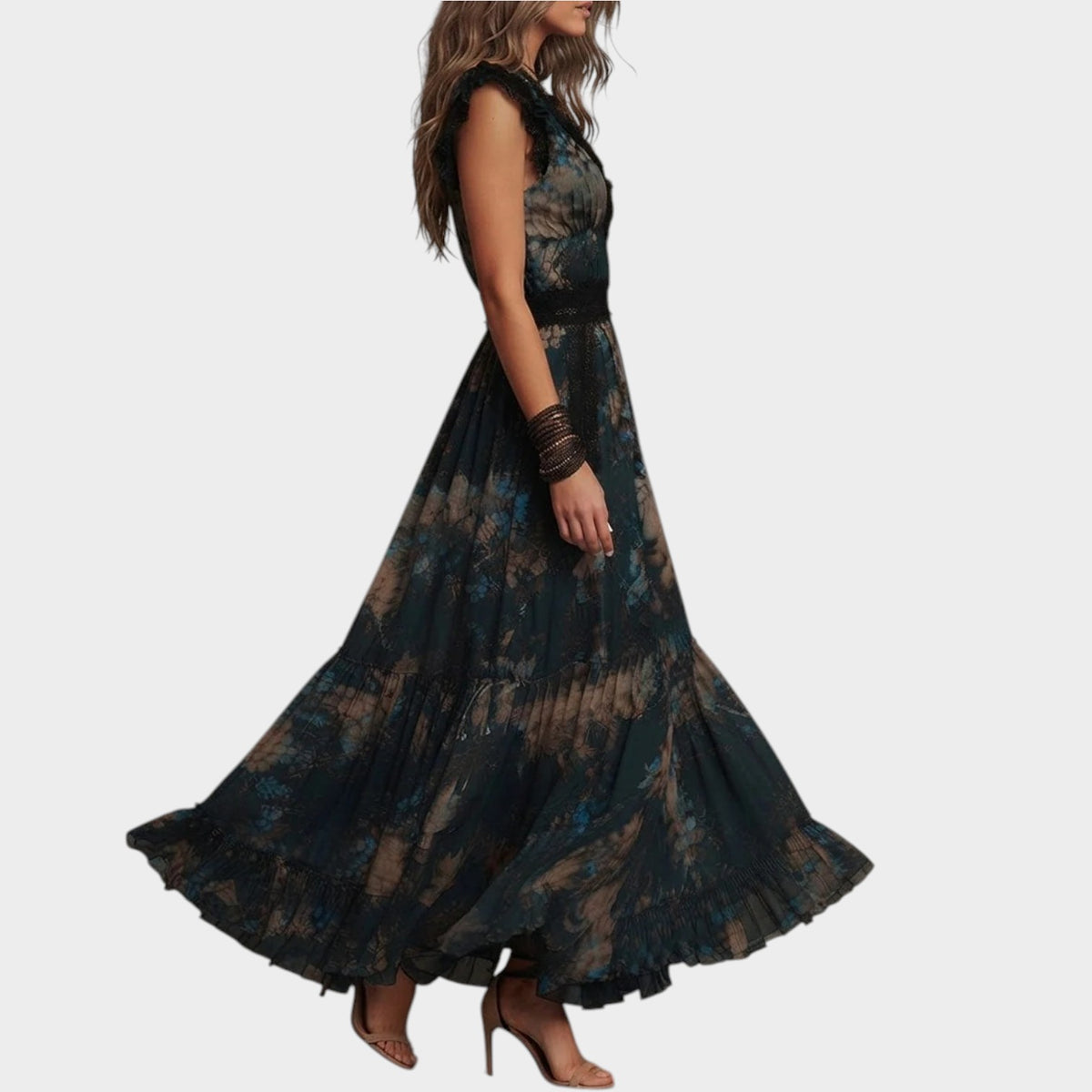 Women’s Dark Floral Maxi Dress with Lace Trim, Ruffle Sleeves and Tiered Skirt