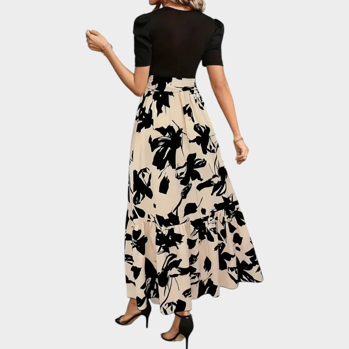 Women’s Tie-Waist Maxi Dress with Puff Sleeves and Abstract Print