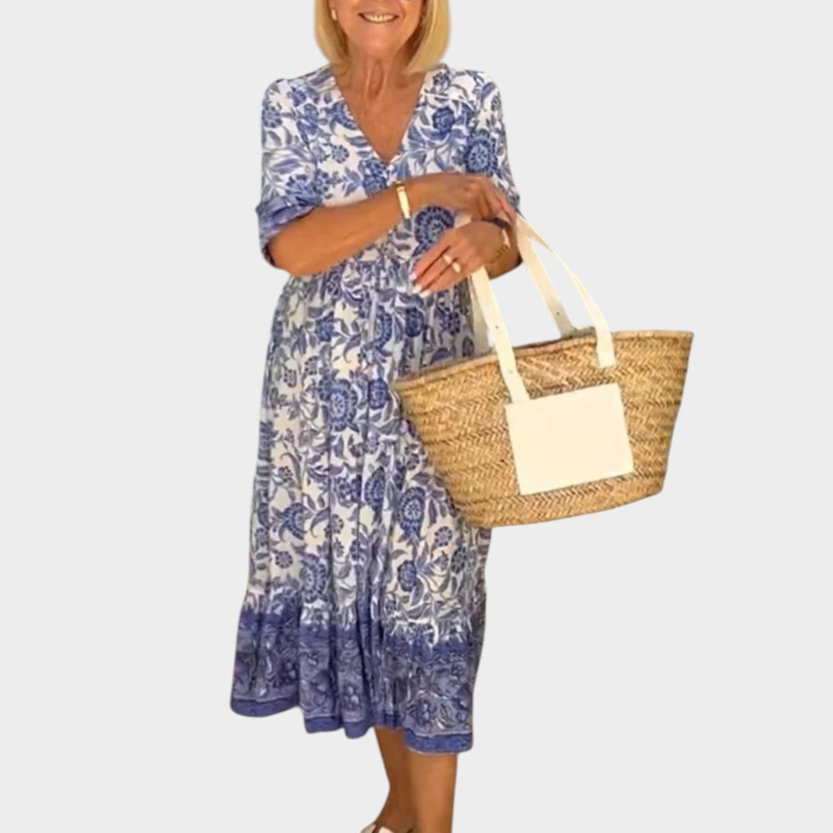 Women’s Floral Maxi Dress with V-Neckline and Relaxed Fit