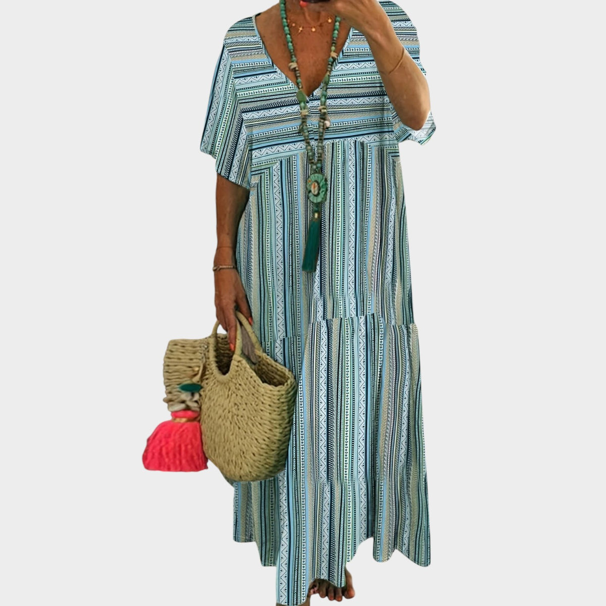Women's Plus Size Maxi Dress with Short Sleeves and Layered Ruffle Hem