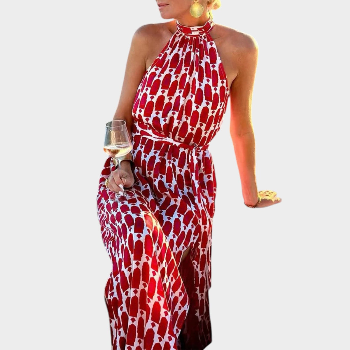 Women’s Halter Neck Maxi Dress with Geometric Print, Waist Tie and Side Slit