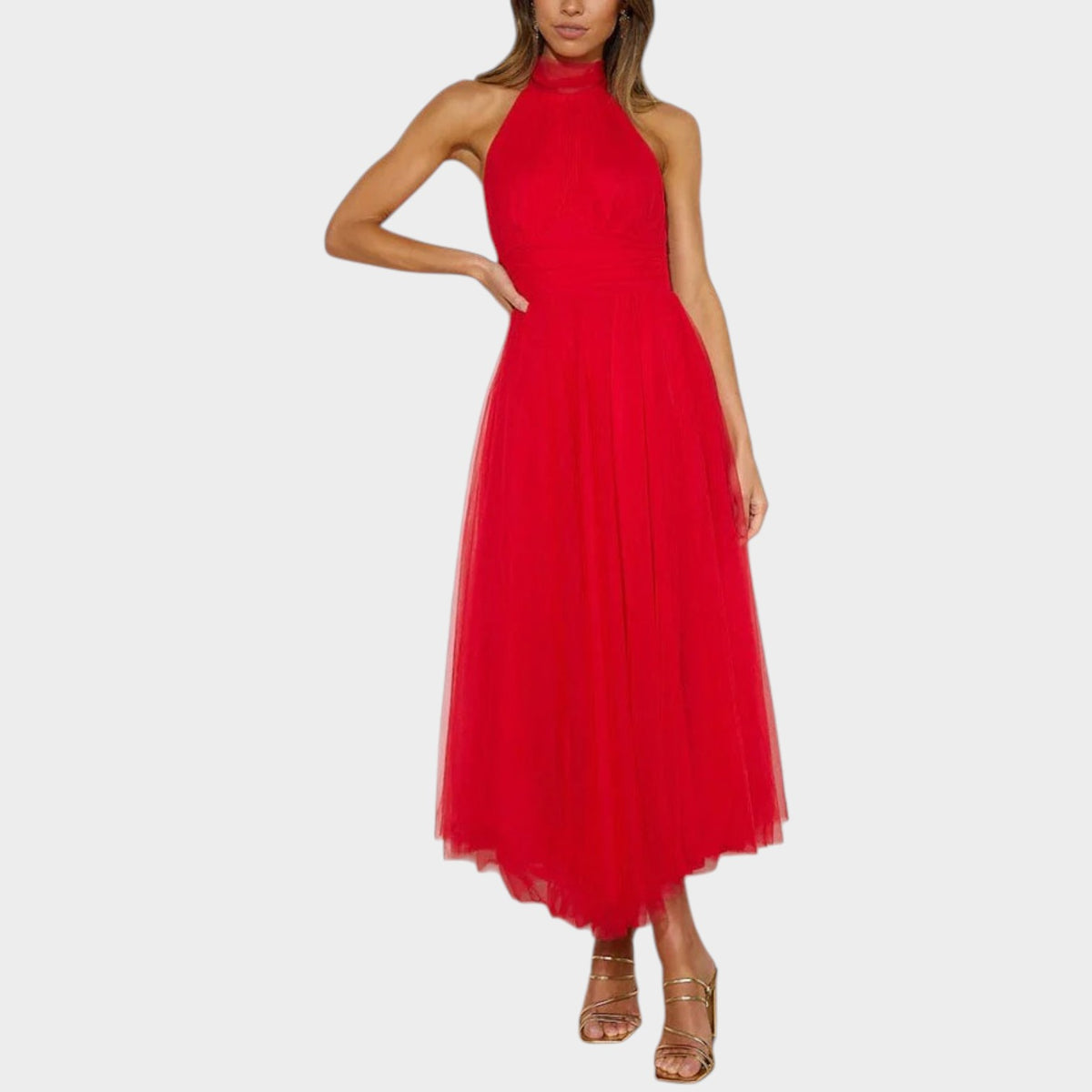 Women’s Halter Neck Midi Dress with Tulle Full Skirt