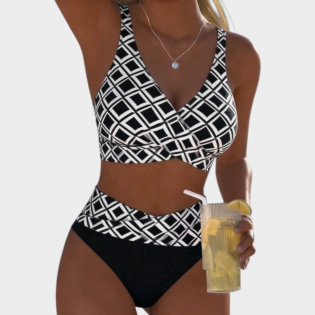 Women’s Bikini Set Check Print Wireless Bra High-Waisted Bottoms
