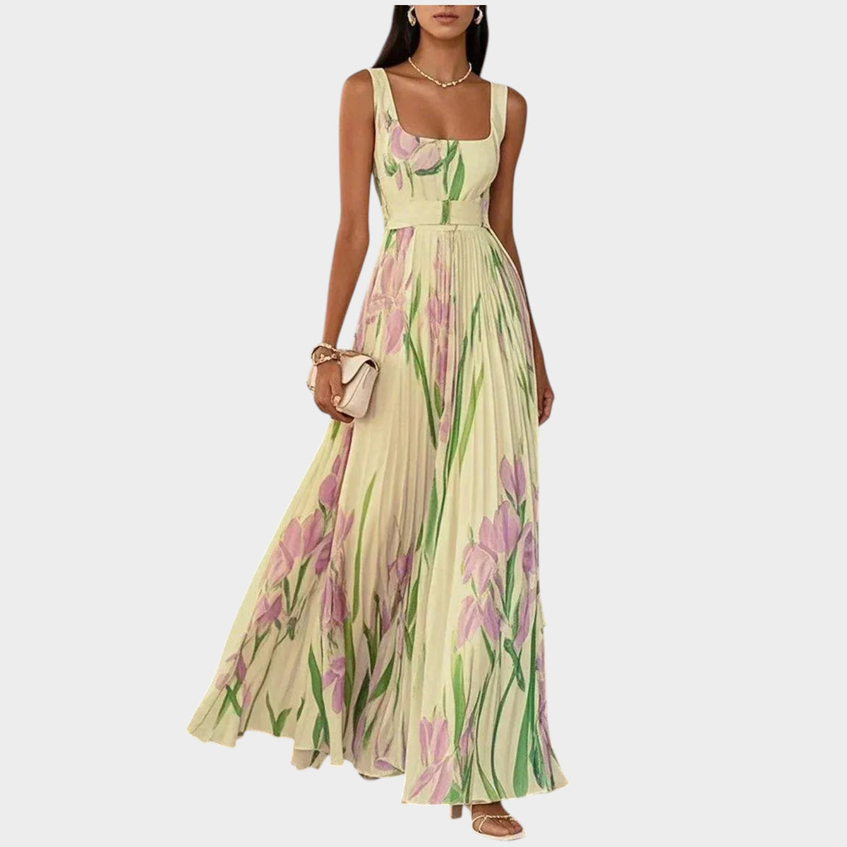 Women’s Floral Pleated Maxi Dress with Square Neckline and Wide Straps