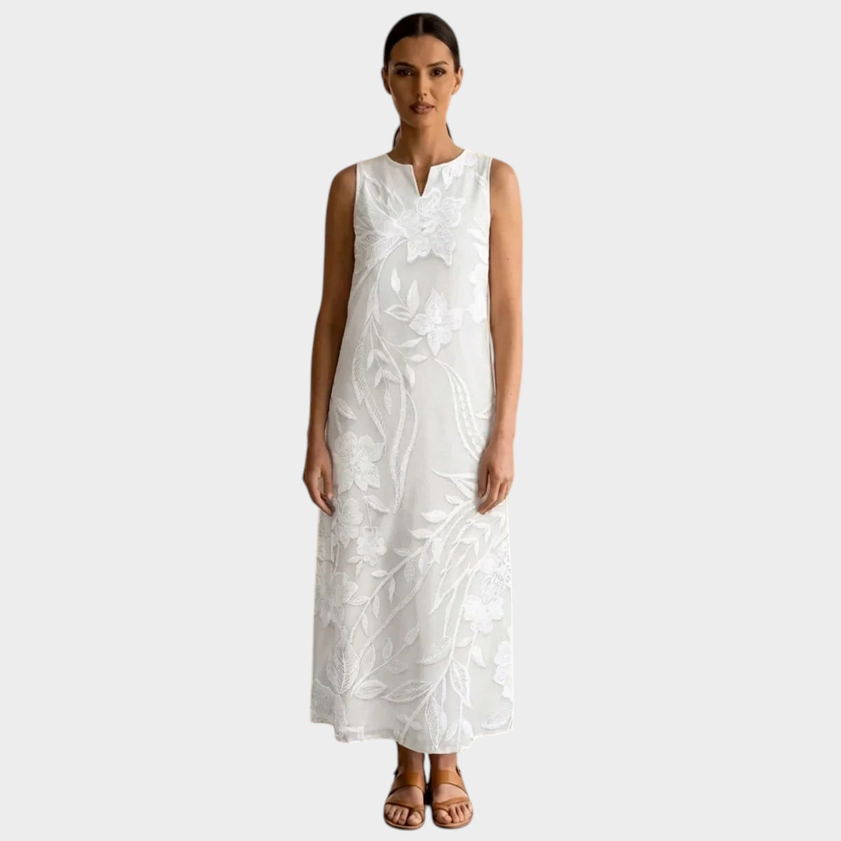 Women’s White Floral Maxi Dress Sleeveless Notch Neck A-Line