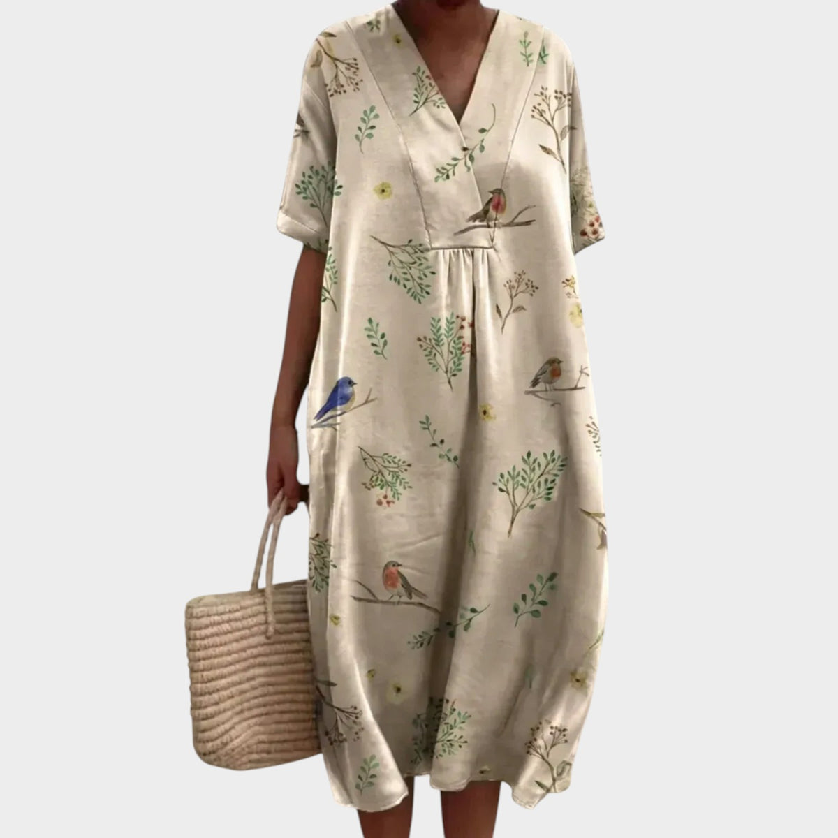 Women’s Floral Print Midi Dress with V-Neck and Short Sleeves