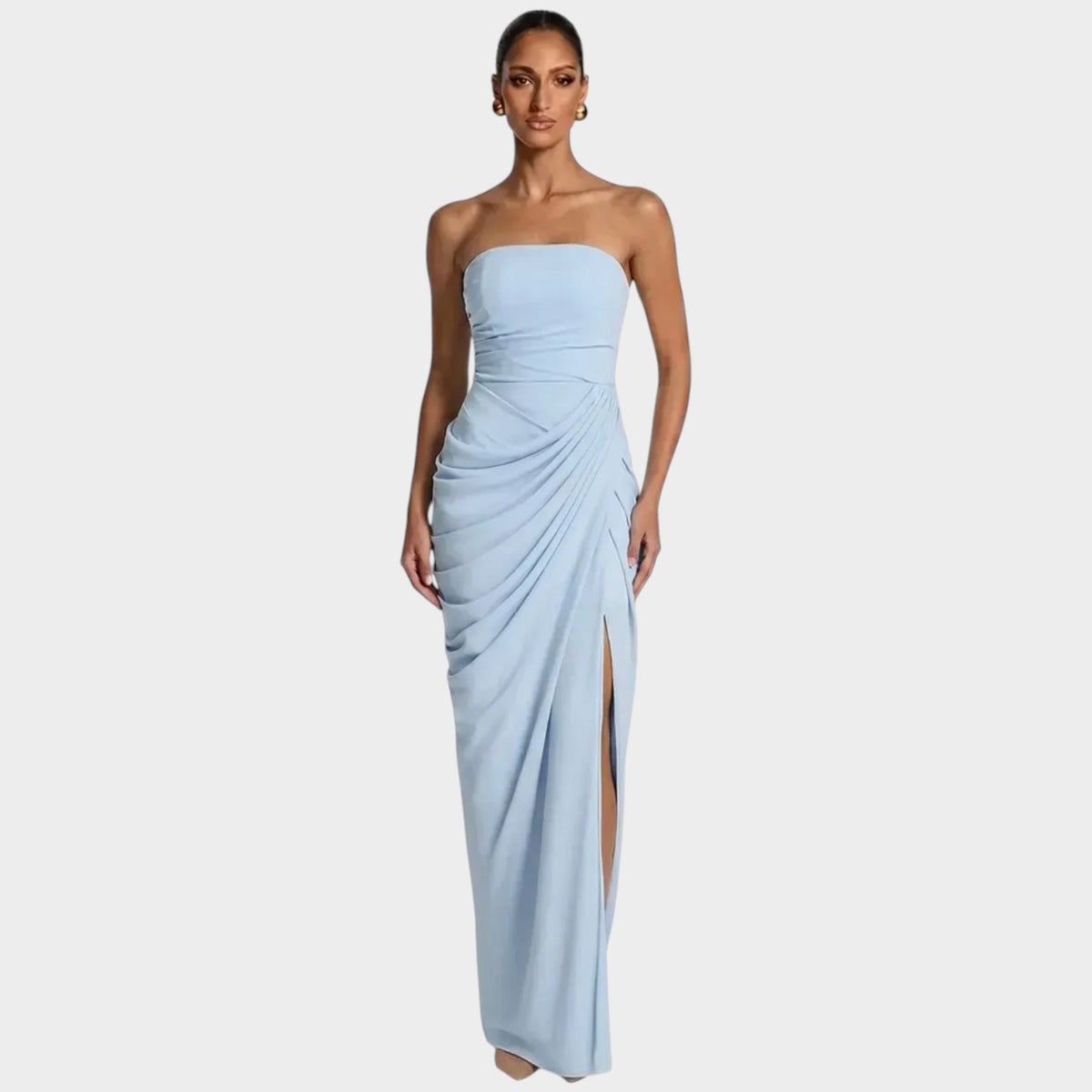 Women’s Strapless Maxi Dress with Draped Waist and Side Slit
