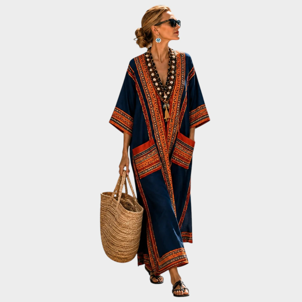 Women’s Embroidered Maxi Dress with V-Neck and Wide Sleeves