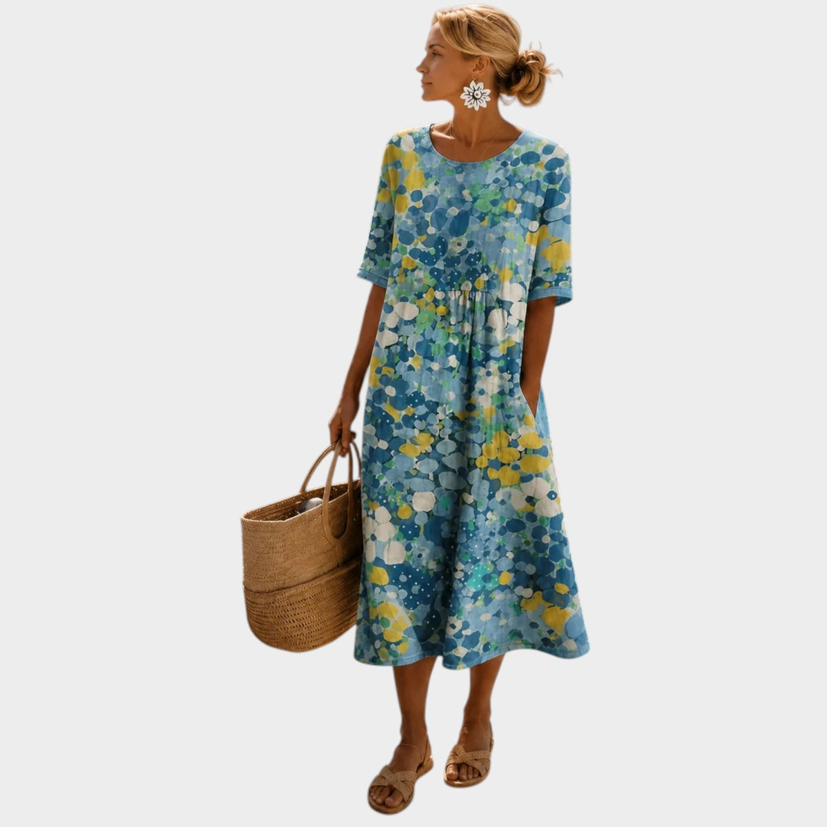 Women’s Midi Dress Floral Print Short Sleeve Flowing