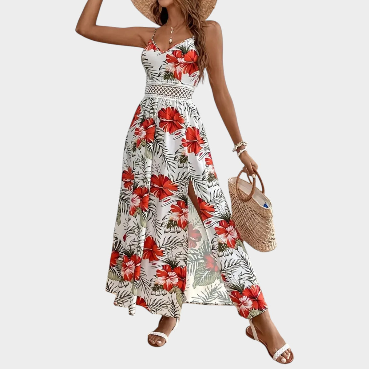 Women’s Floral Maxi Dress with Spaghetti Straps, Crochet Waist and Side Slit